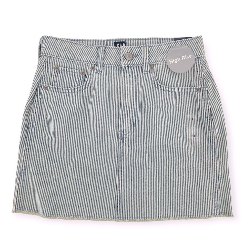 GAP Denim Girl’s High Rise Blue White Railroad Stripe Frayed Hem Denim Skirt 14